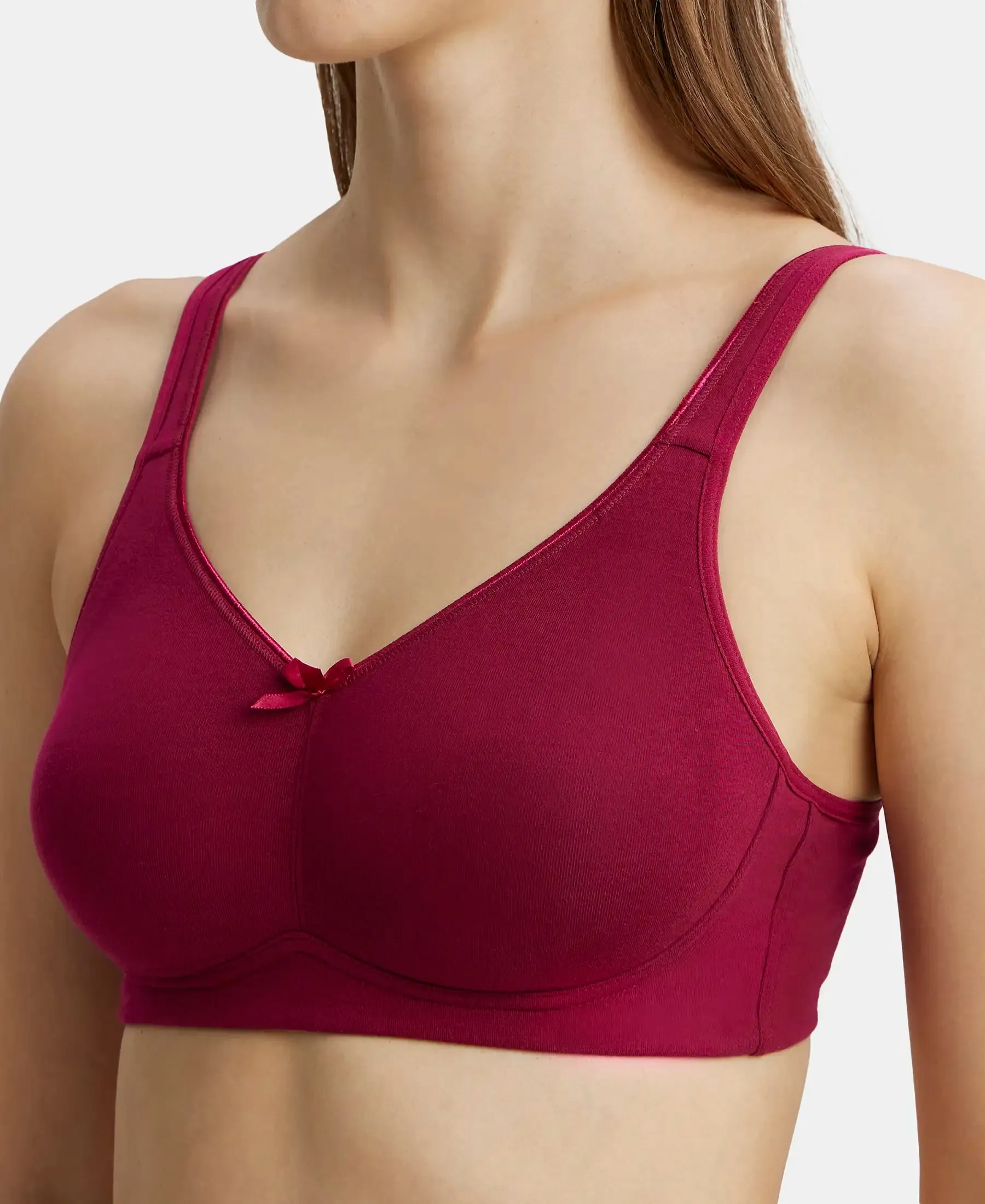 Wirefree Non Padded Plus Size Super Combed Cotton Elastane Stretch Full Coverage Everyday Bra with Concealed Shaper Panel - Beet Red