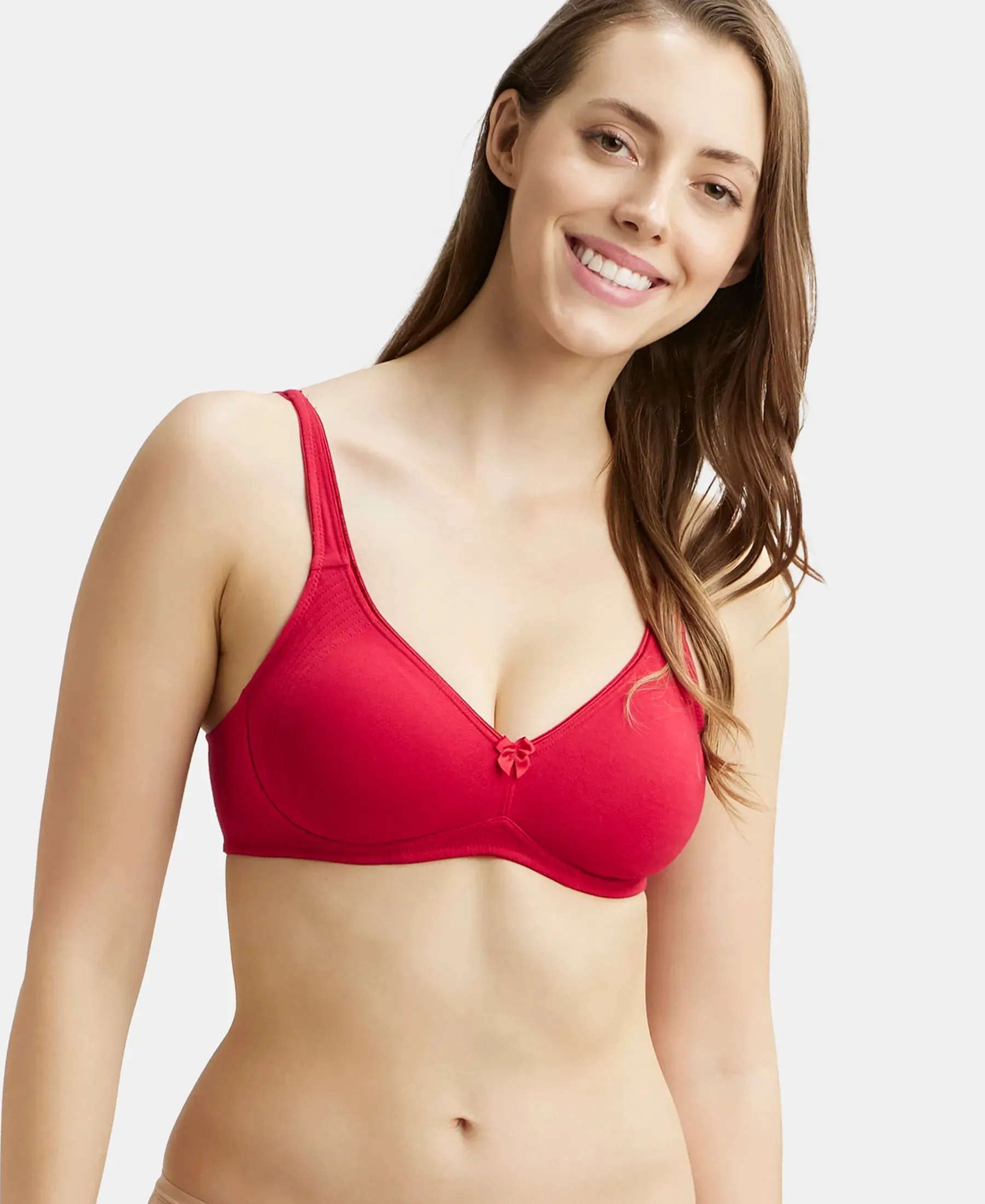 Wirefree Non Padded Plus Size Super Combed Cotton Elastane Stretch Full Coverage Everyday Bra with Contoured Shaper Panel and Adjustable Straps - Red Love