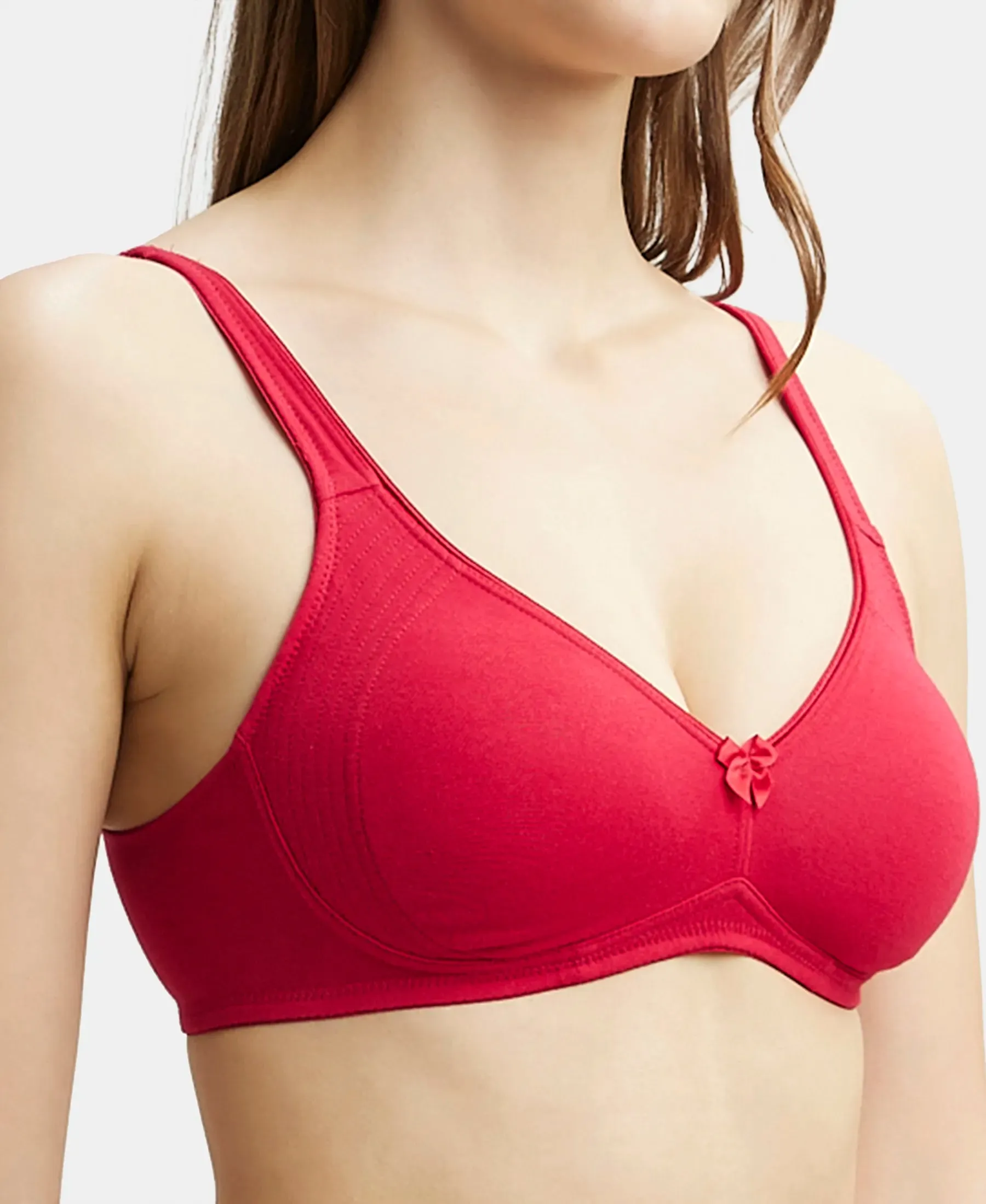Wirefree Non Padded Plus Size Super Combed Cotton Elastane Stretch Full Coverage Everyday Bra with Contoured Shaper Panel and Adjustable Straps - Red Love