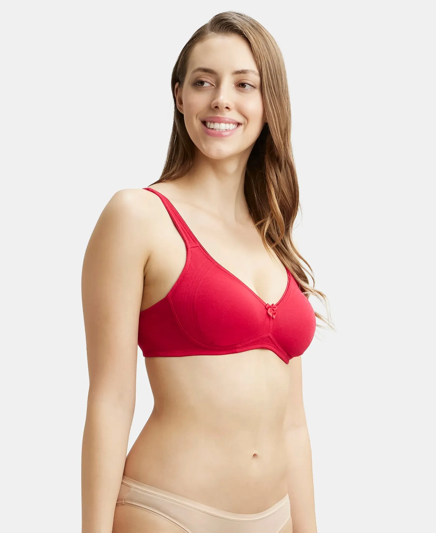 Wirefree Non Padded Plus Size Super Combed Cotton Elastane Stretch Full Coverage Everyday Bra with Contoured Shaper Panel and Adjustable Straps - Red Love