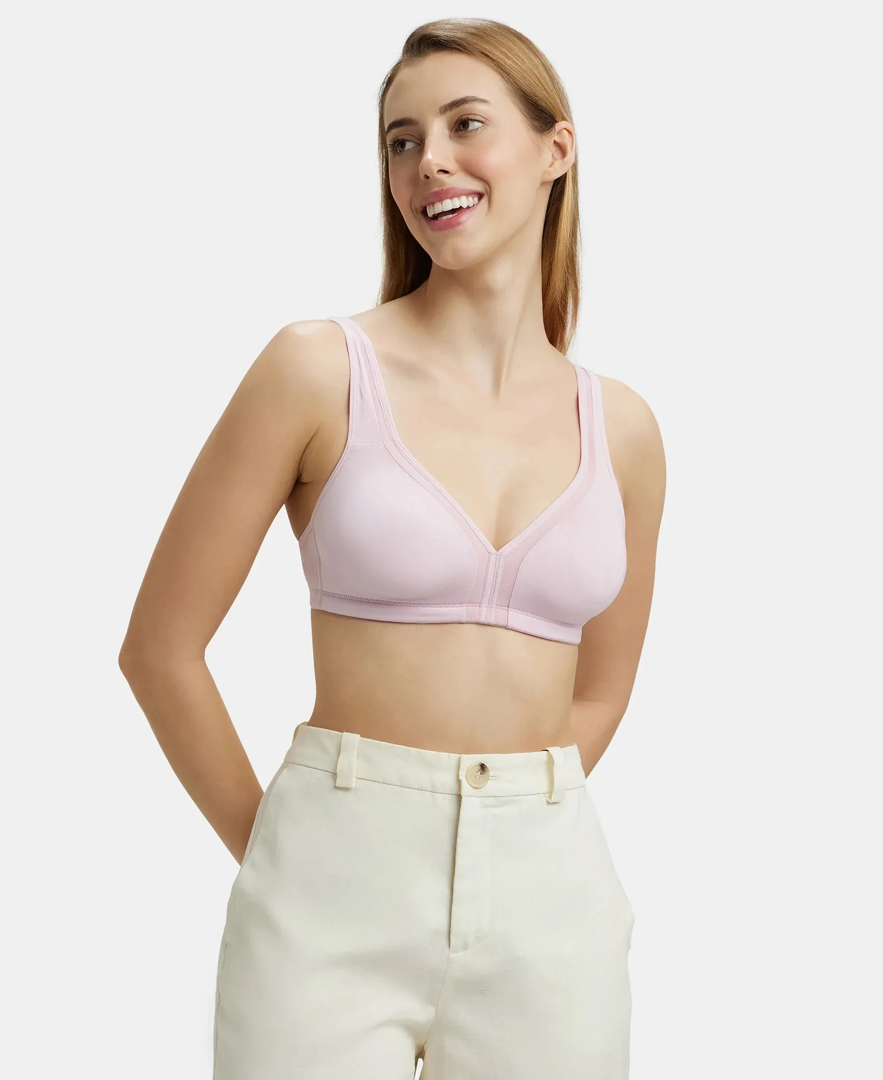 Wirefree Non Padded Soft Touch Microfiber Elastane Stretch Full Coverage Everyday Bra with Stylised Mesh Panel - Fragrant Lily