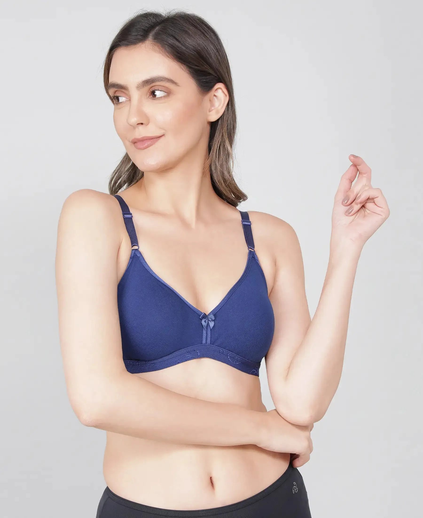 Wirefree Non Padded Super Combed Cotton Elastane Stretch Everyday Bra with Ultrasoft and Durable Underband - Blue Depth