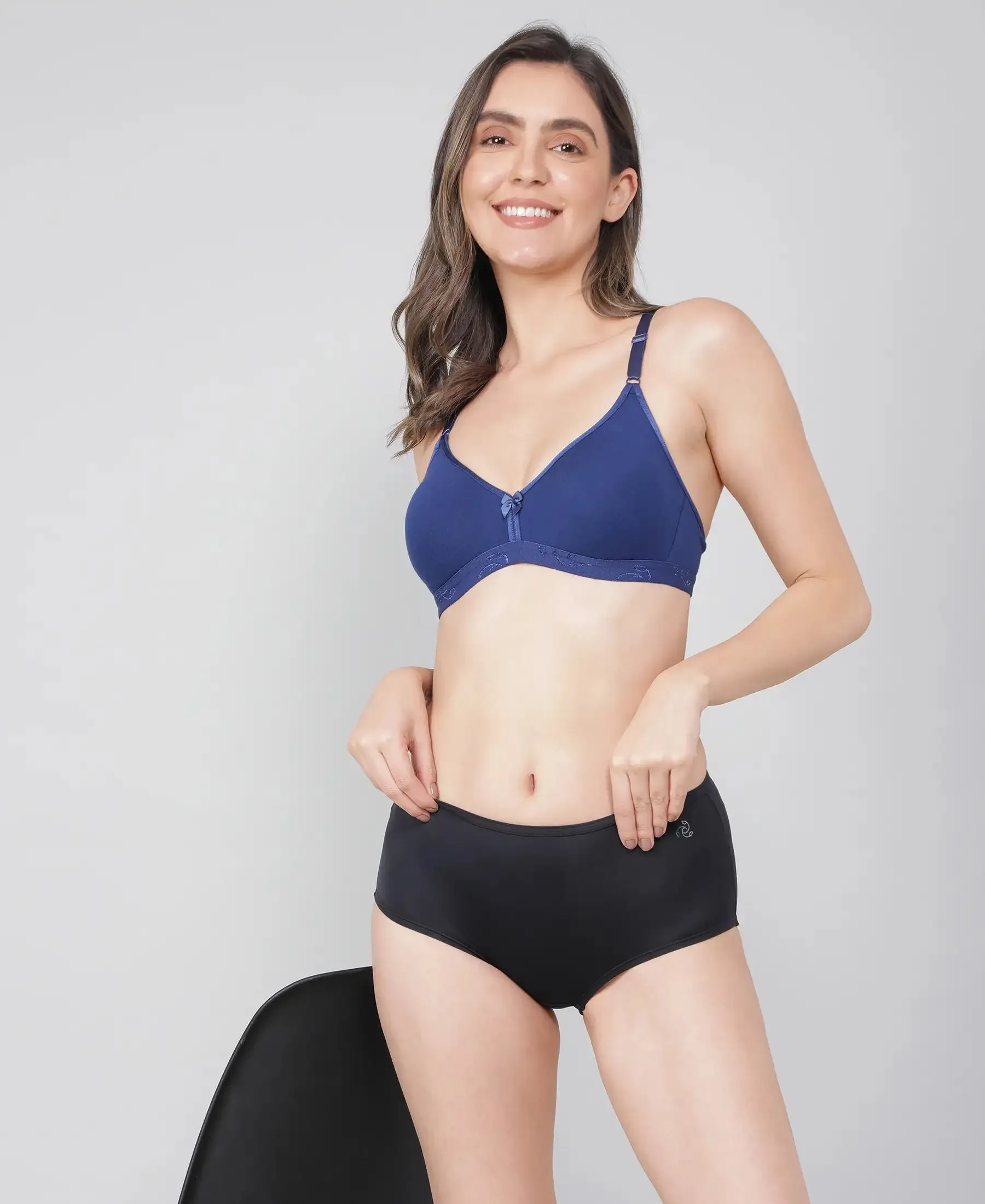 Wirefree Non Padded Super Combed Cotton Elastane Stretch Everyday Bra with Ultrasoft and Durable Underband - Blue Depth