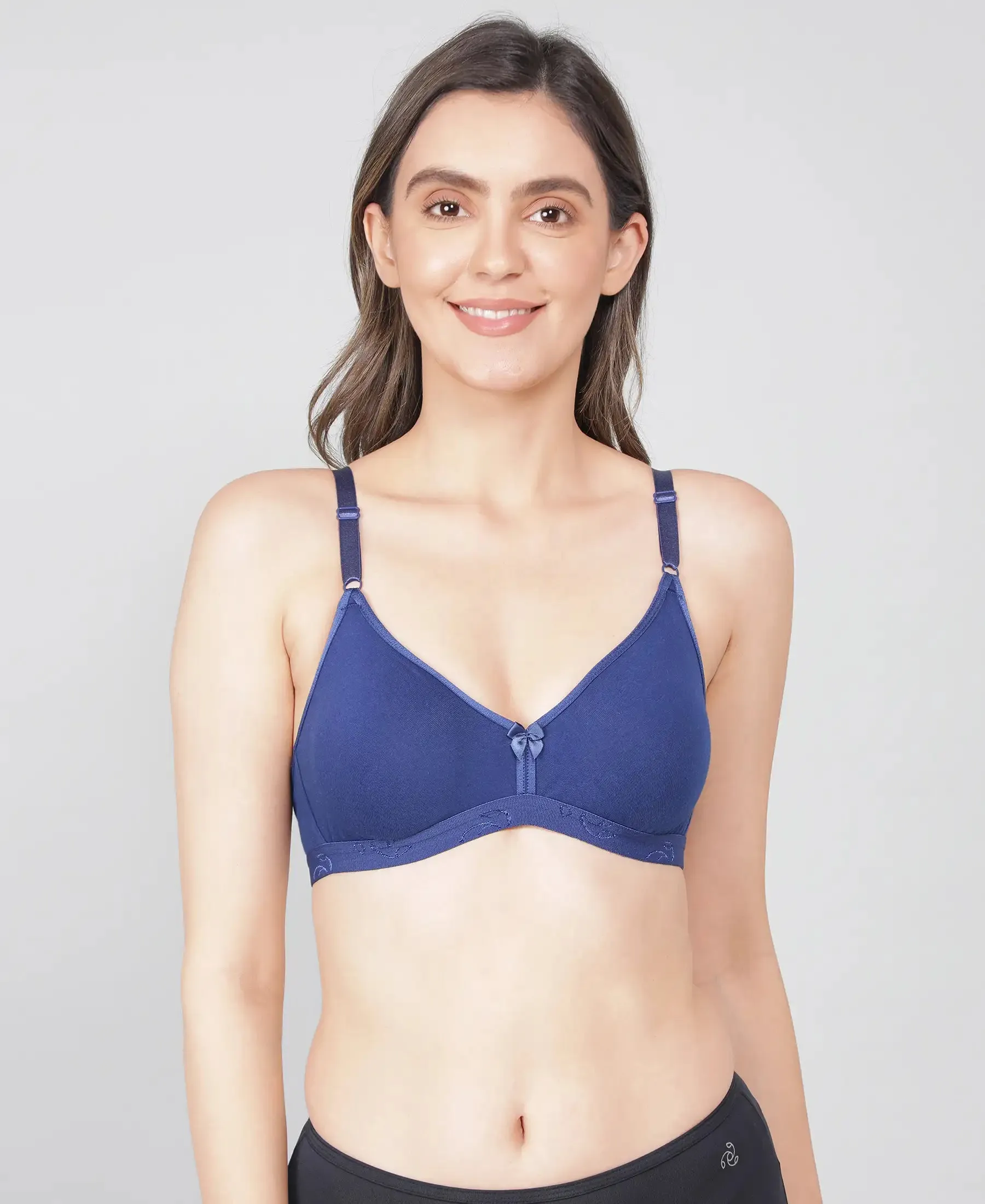 Wirefree Non Padded Super Combed Cotton Elastane Stretch Everyday Bra with Ultrasoft and Durable Underband - Blue Depth