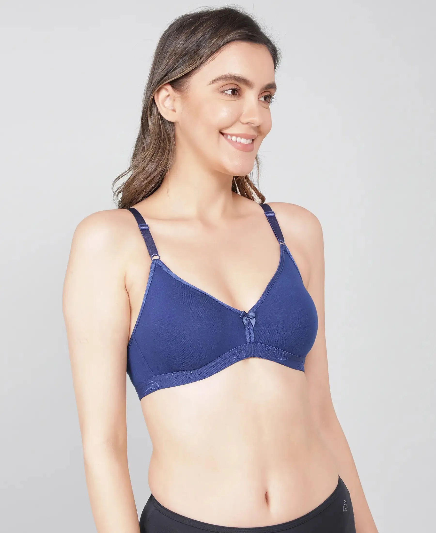 Wirefree Non Padded Super Combed Cotton Elastane Stretch Everyday Bra with Ultrasoft and Durable Underband - Blue Depth