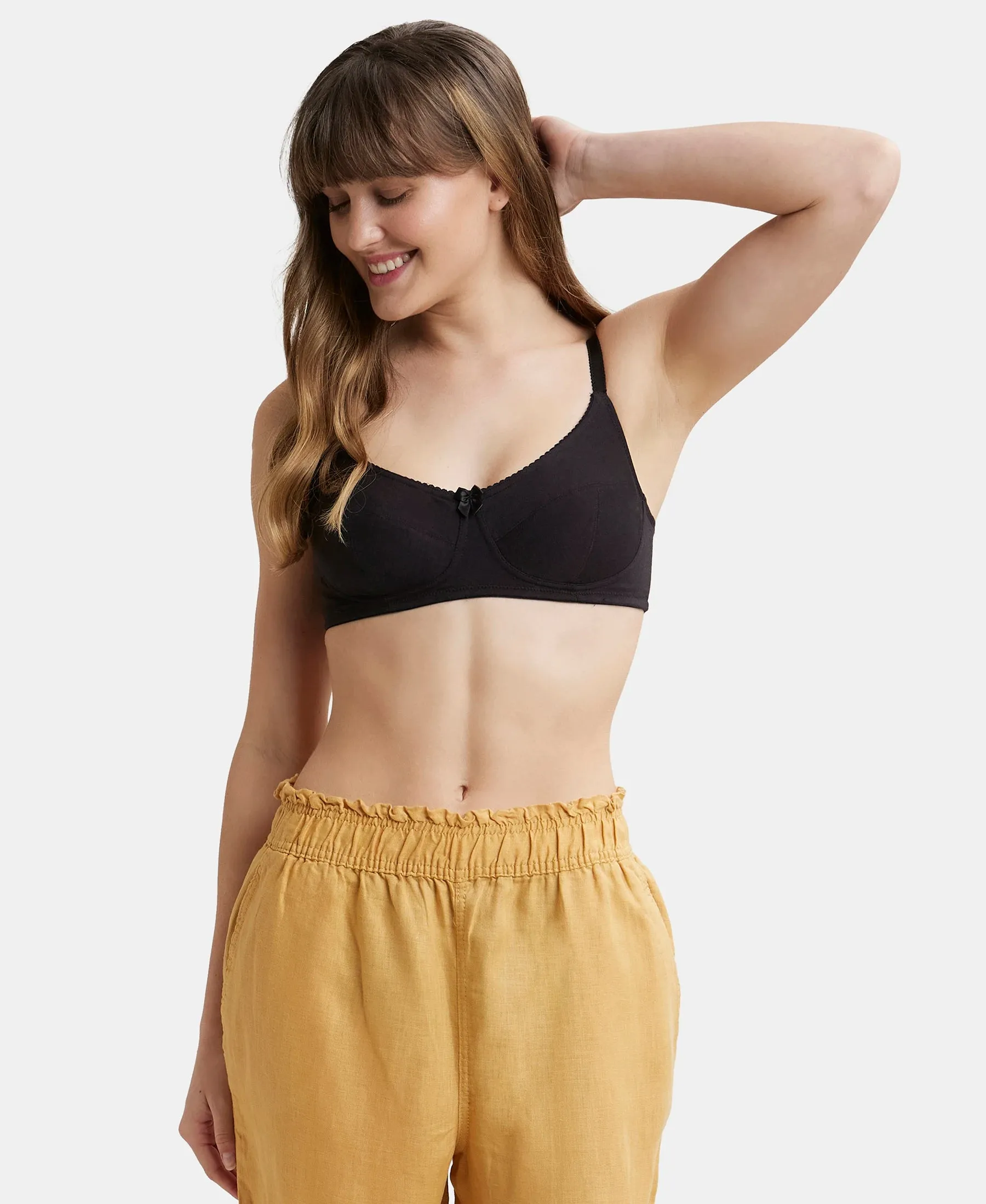 Wirefree Non Padded Super Combed Cotton Elastane Stretch Full Coverage Everyday Bra with Soft Adjustable Straps - Black