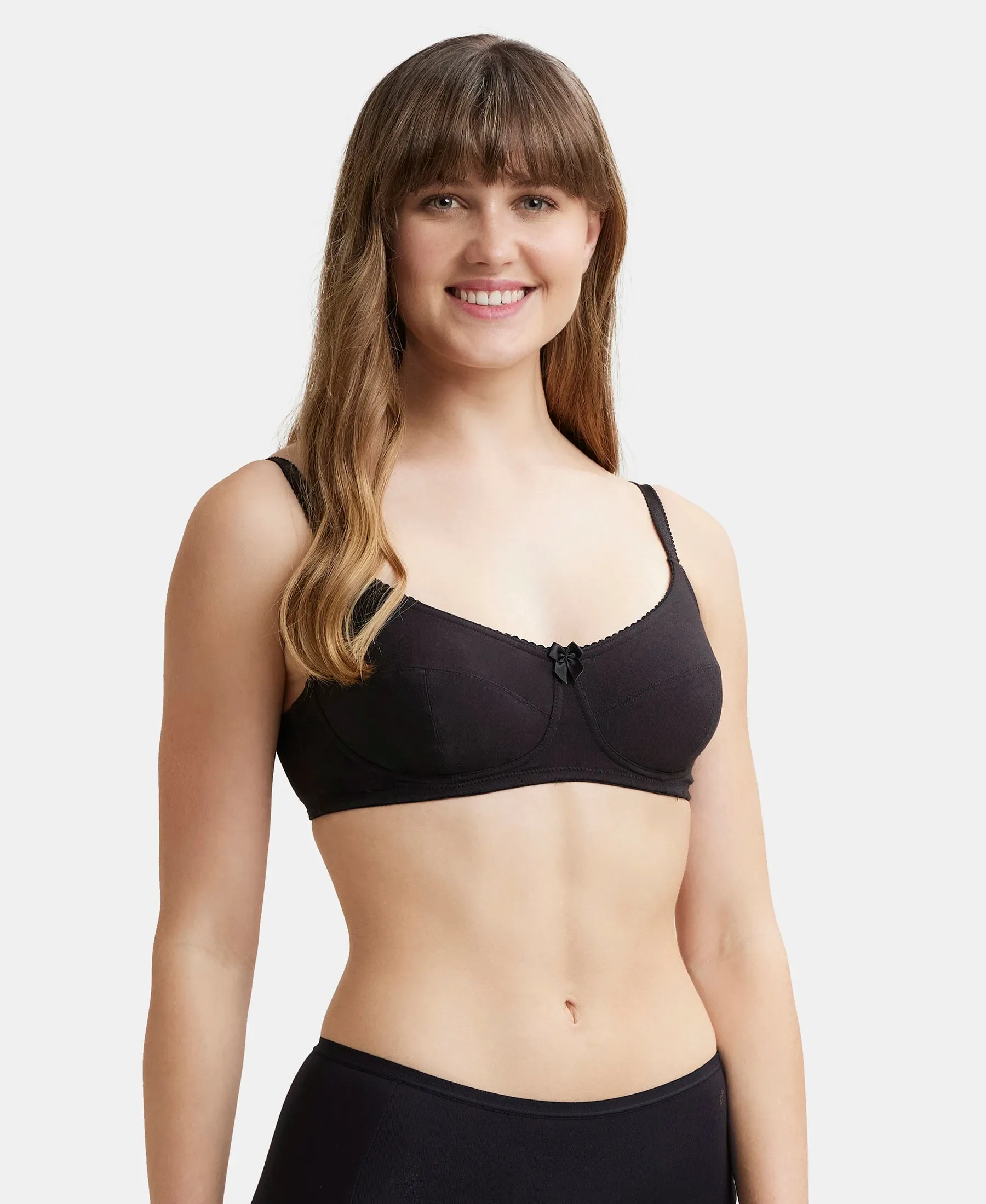 Wirefree Non Padded Super Combed Cotton Elastane Stretch Full Coverage Everyday Bra with Soft Adjustable Straps - Black