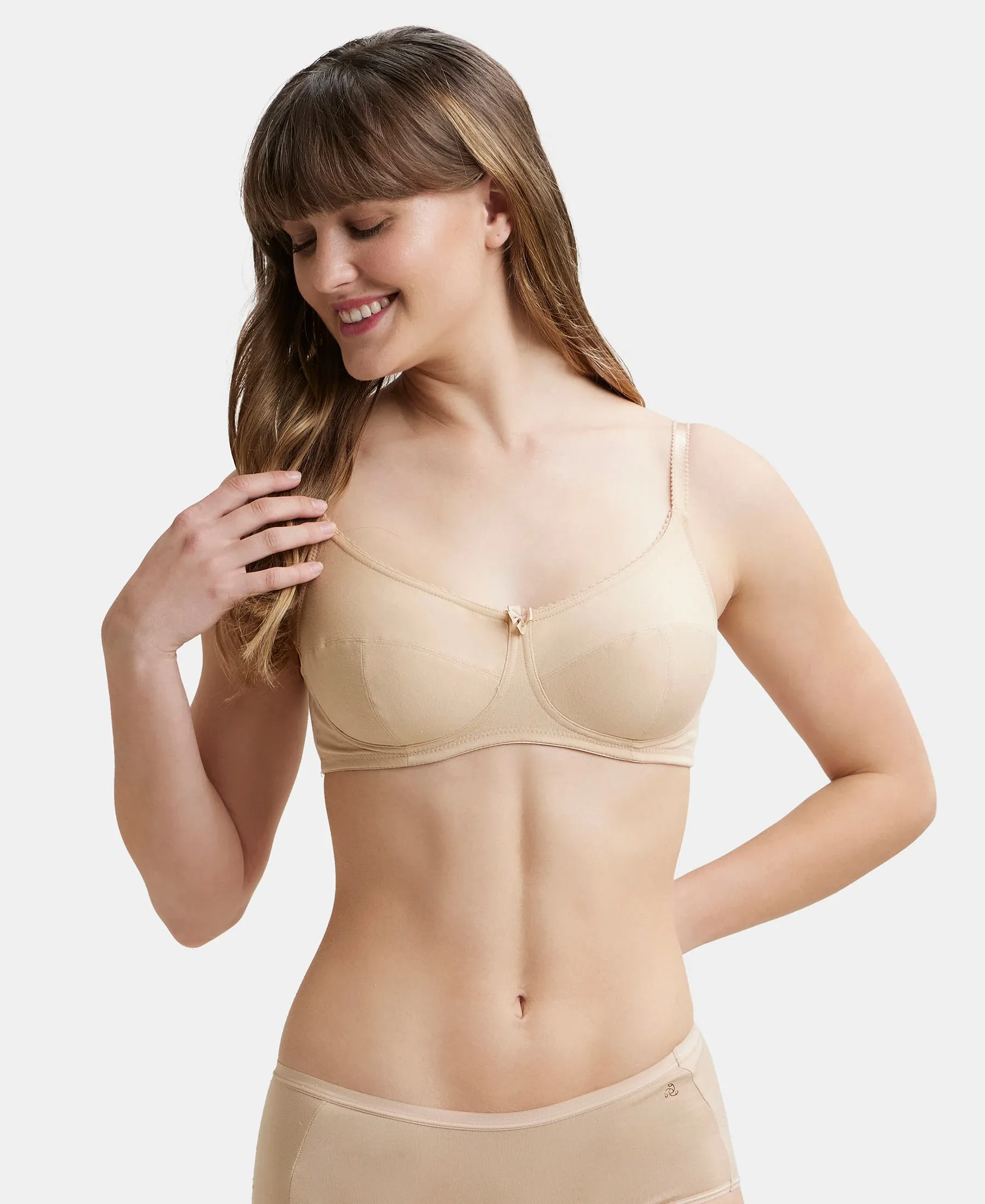 Wirefree Non Padded Super Combed Cotton Elastane Stretch Full Coverage Everyday Bra with Soft Adjustable Straps - Skin