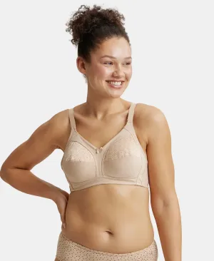 Wirefree Non Padded Super Combed Cotton Elastane Stretch Full Coverage Plus Size Bra with Lace Styling - Light Skin