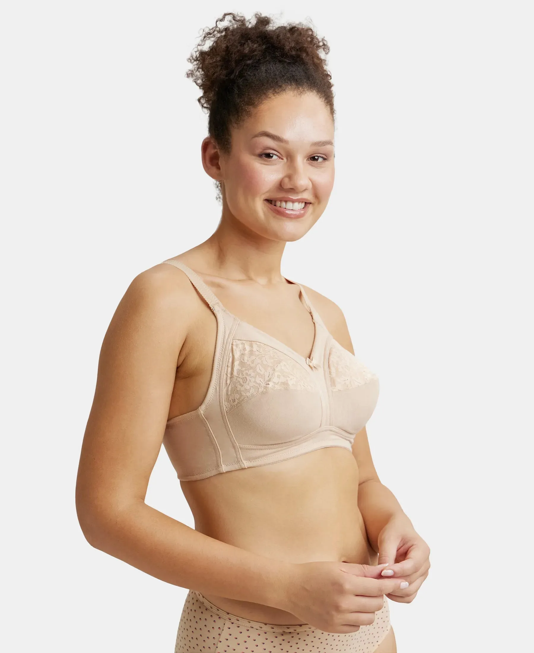Wirefree Non Padded Super Combed Cotton Elastane Stretch Full Coverage Plus Size Bra with Lace Styling - Light Skin