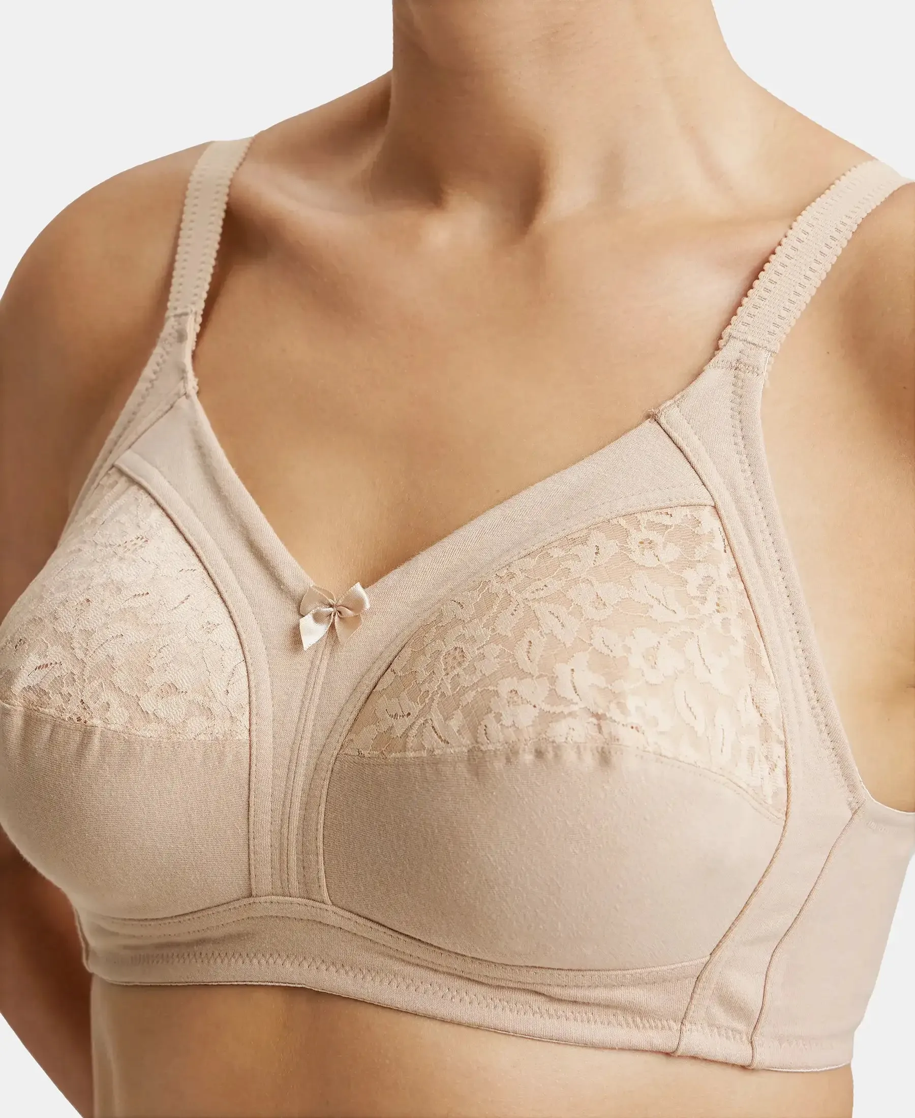 Wirefree Non Padded Super Combed Cotton Elastane Stretch Full Coverage Plus Size Bra with Lace Styling - Light Skin