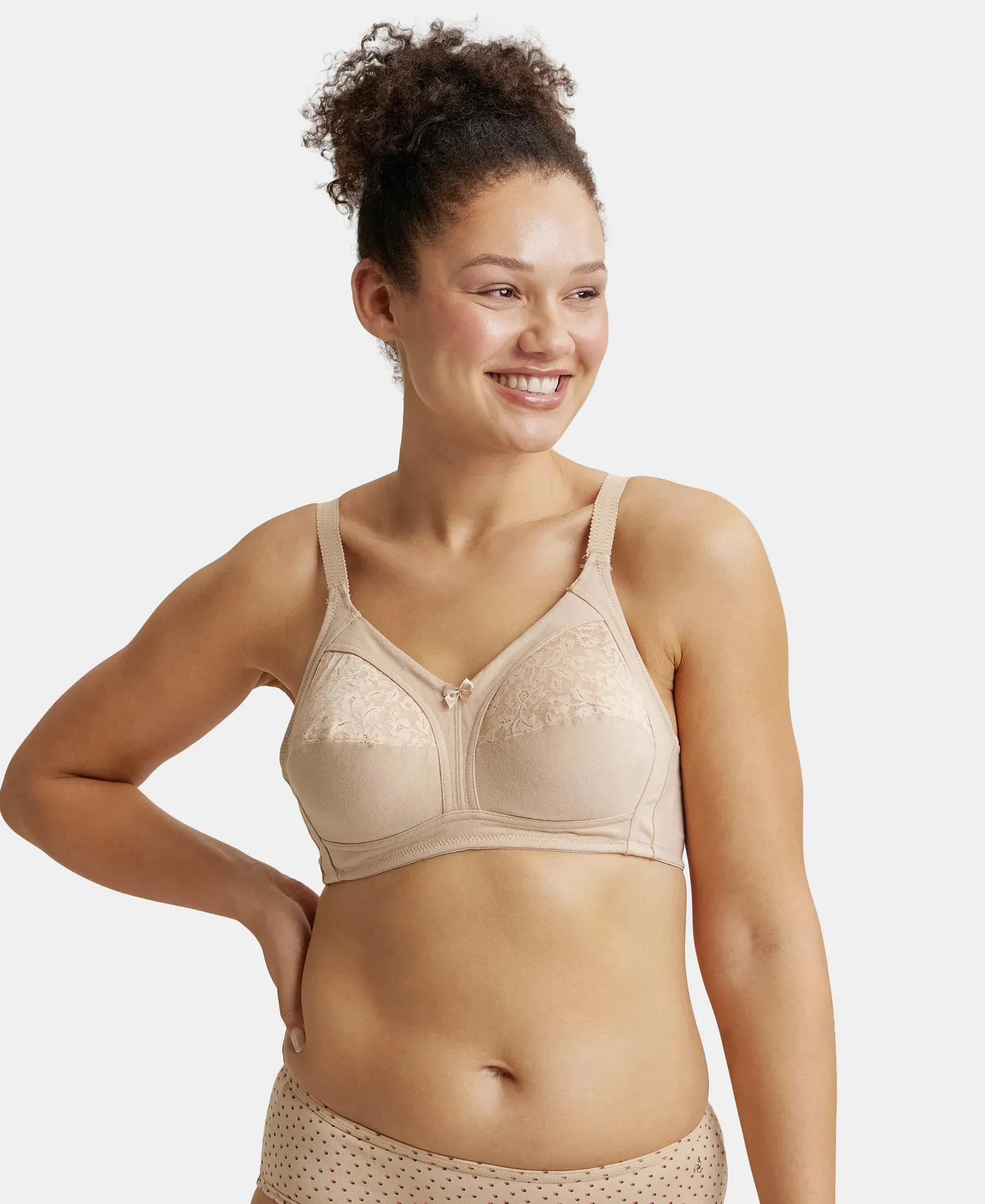 Wirefree Non Padded Super Combed Cotton Elastane Stretch Full Coverage Plus Size Bra with Lace Styling - Light Skin