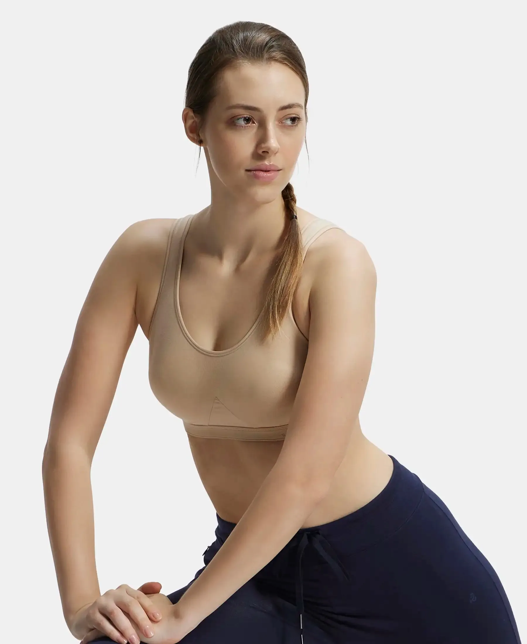 Wirefree Non Padded Super Combed Cotton Elastane Stretch Full Coverage Slip-On Active Bra with Wider Straps and Moisture Move Treatment - Light Skin