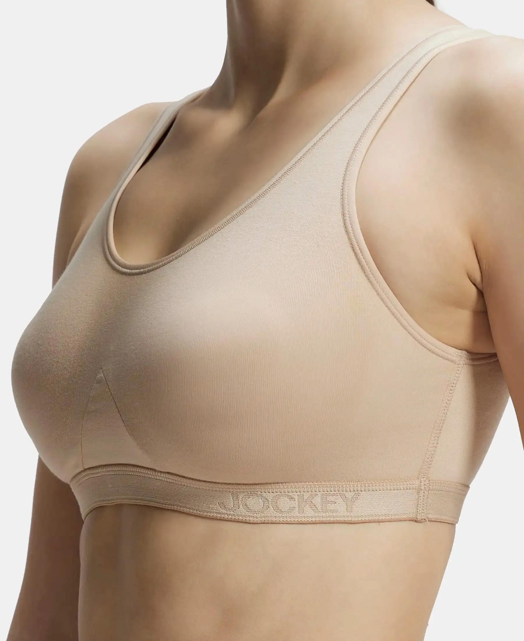 Wirefree Non Padded Super Combed Cotton Elastane Stretch Full Coverage Slip-On Active Bra with Wider Straps and Moisture Move Treatment - Light Skin