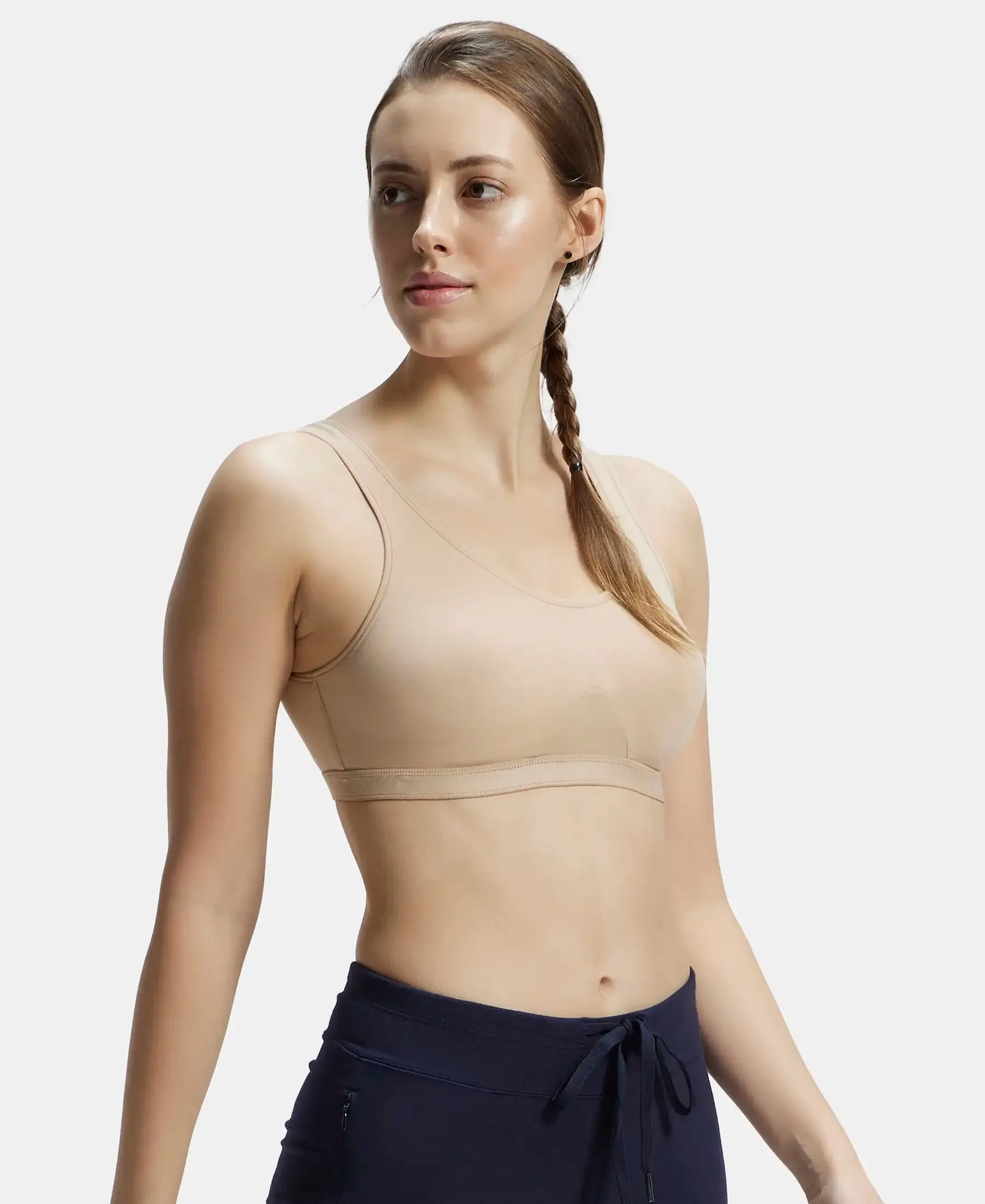 Wirefree Non Padded Super Combed Cotton Elastane Stretch Full Coverage Slip-On Active Bra with Wider Straps and Moisture Move Treatment - Light Skin
