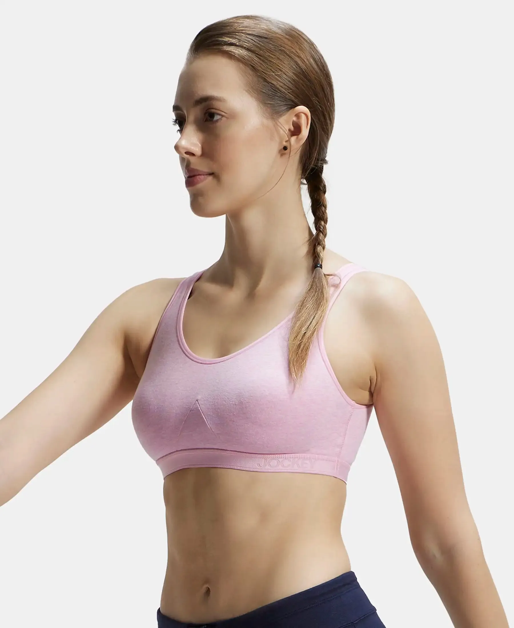 Wirefree Non Padded Super Combed Cotton Elastane Stretch Full Coverage Slip-On Active Bra with Wider Straps and Moisture Move Treatment - Pink Lady Melange