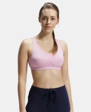 Wirefree Non Padded Super Combed Cotton Elastane Stretch Full Coverage Slip-On Active Bra with Wider Straps and Moisture Move Treatment - Pink Lady Melange