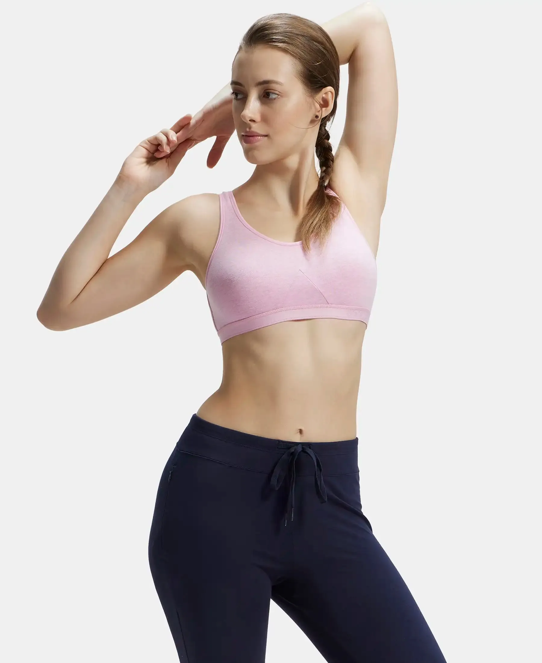 Wirefree Non Padded Super Combed Cotton Elastane Stretch Full Coverage Slip-On Active Bra with Wider Straps and Moisture Move Treatment - Pink Lady Melange