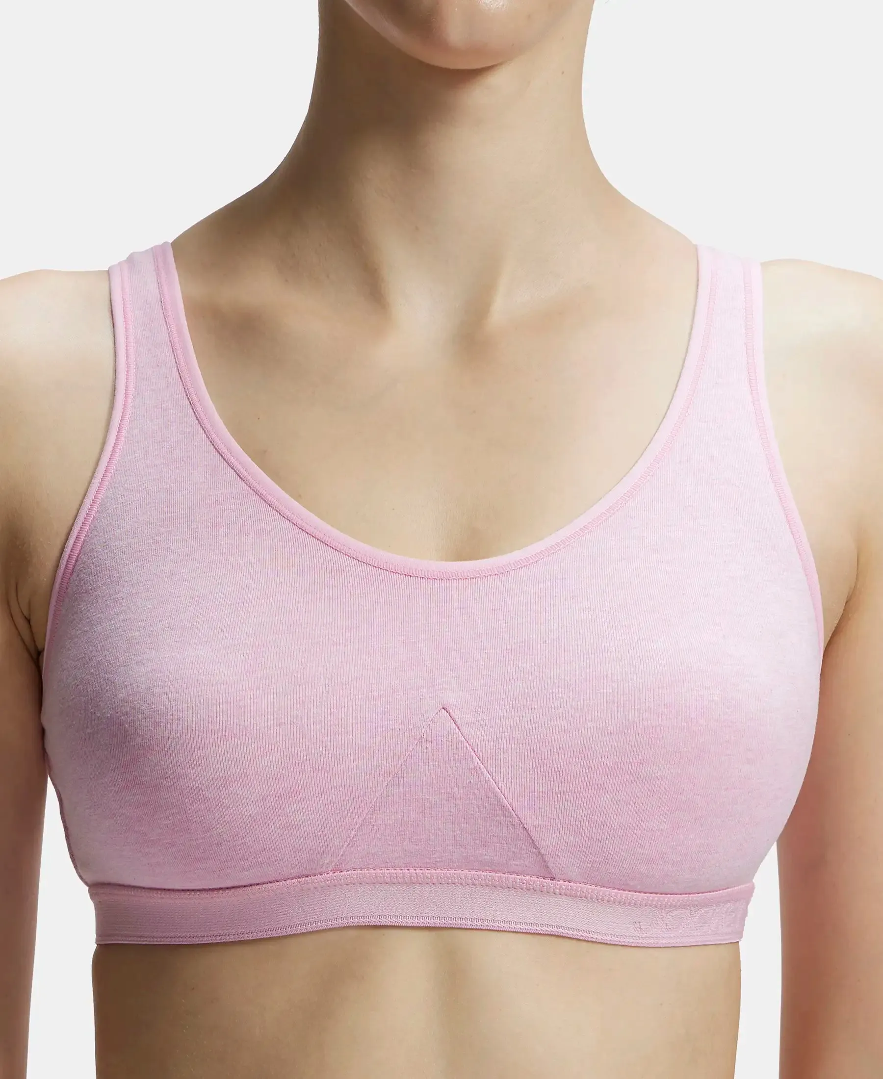 Wirefree Non Padded Super Combed Cotton Elastane Stretch Full Coverage Slip-On Active Bra with Wider Straps and Moisture Move Treatment - Pink Lady Melange