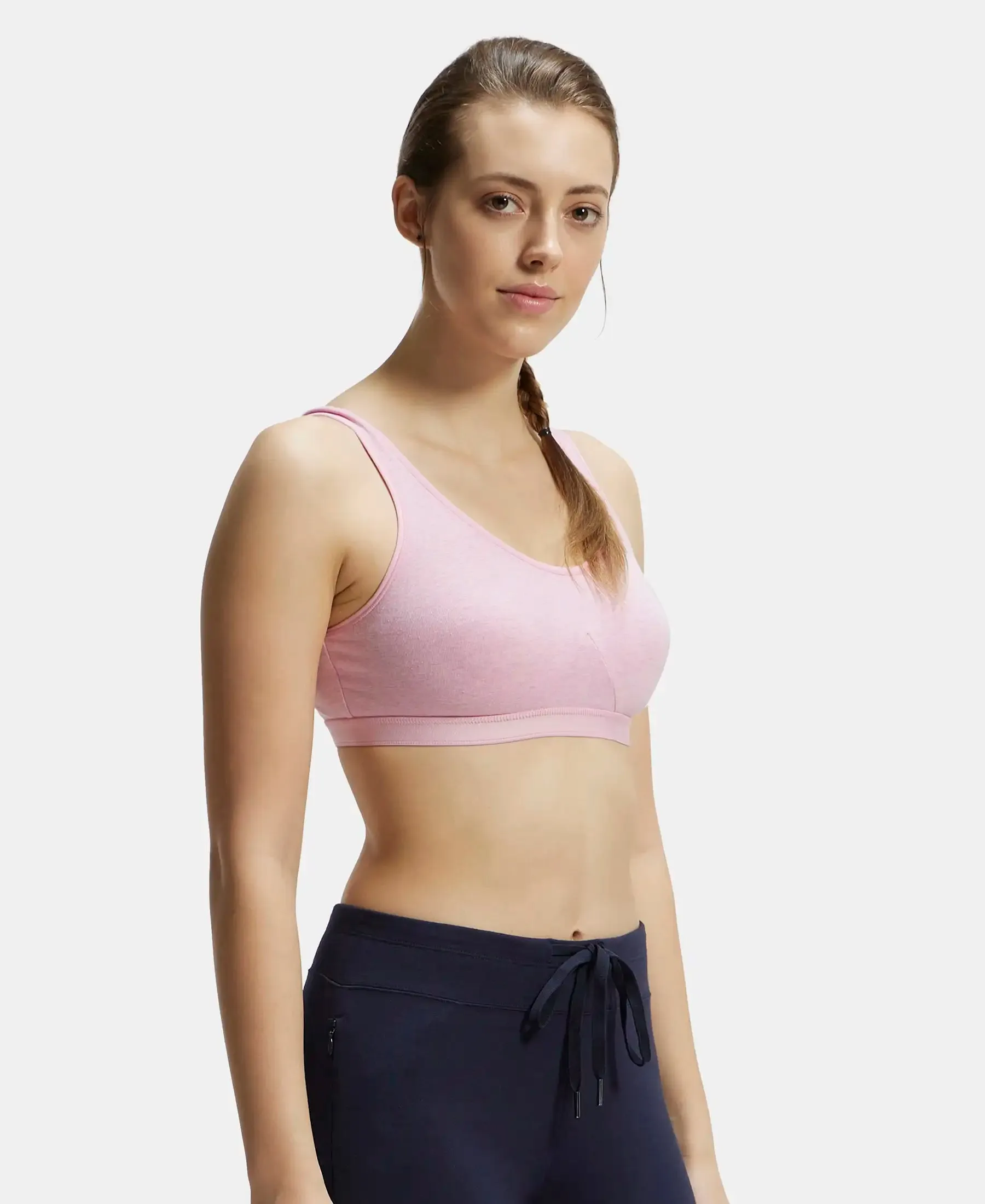 Wirefree Non Padded Super Combed Cotton Elastane Stretch Full Coverage Slip-On Active Bra with Wider Straps and Moisture Move Treatment - Pink Lady Melange