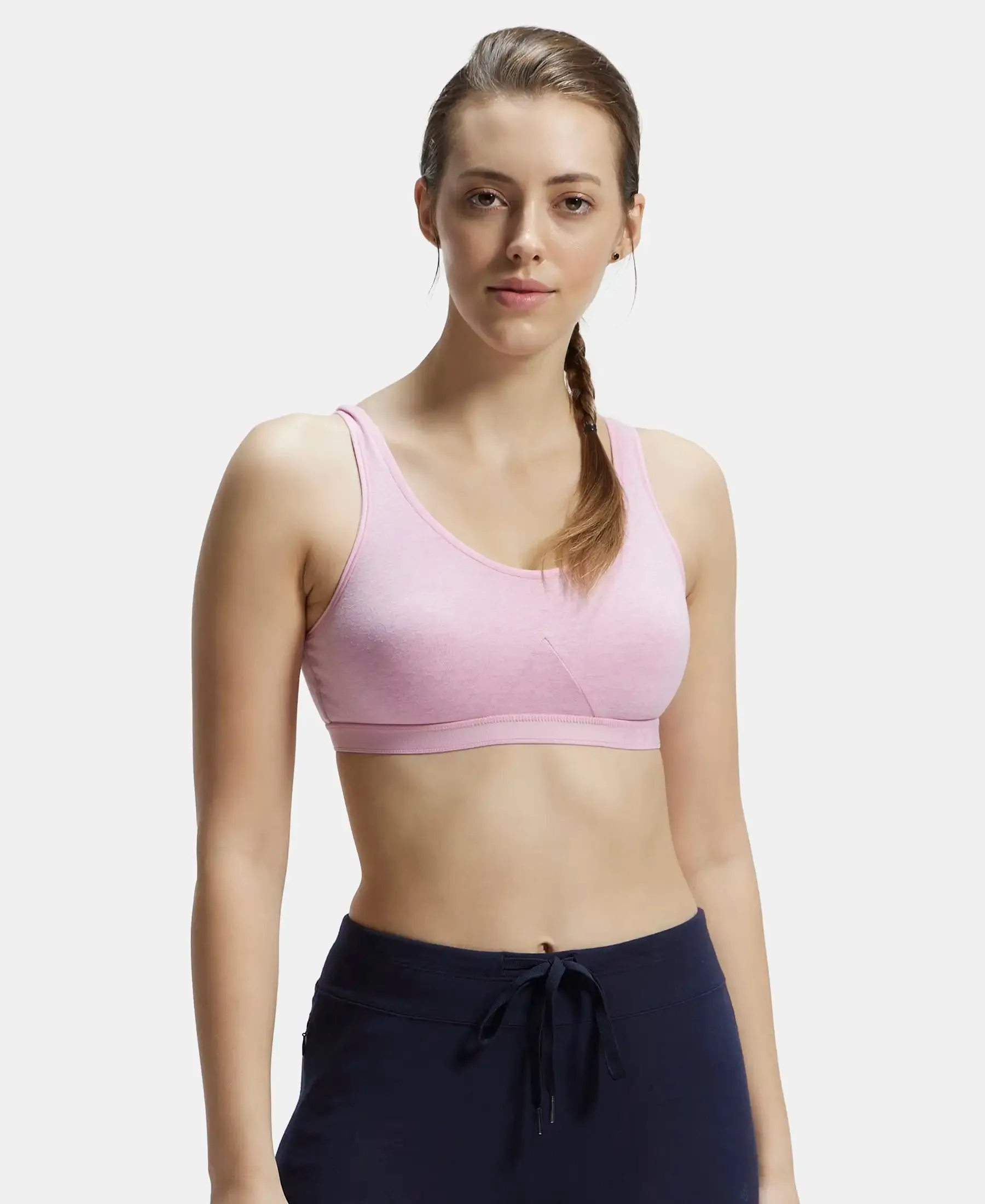 Wirefree Non Padded Super Combed Cotton Elastane Stretch Full Coverage Slip-On Active Bra with Wider Straps and Moisture Move Treatment - Pink Lady Melange