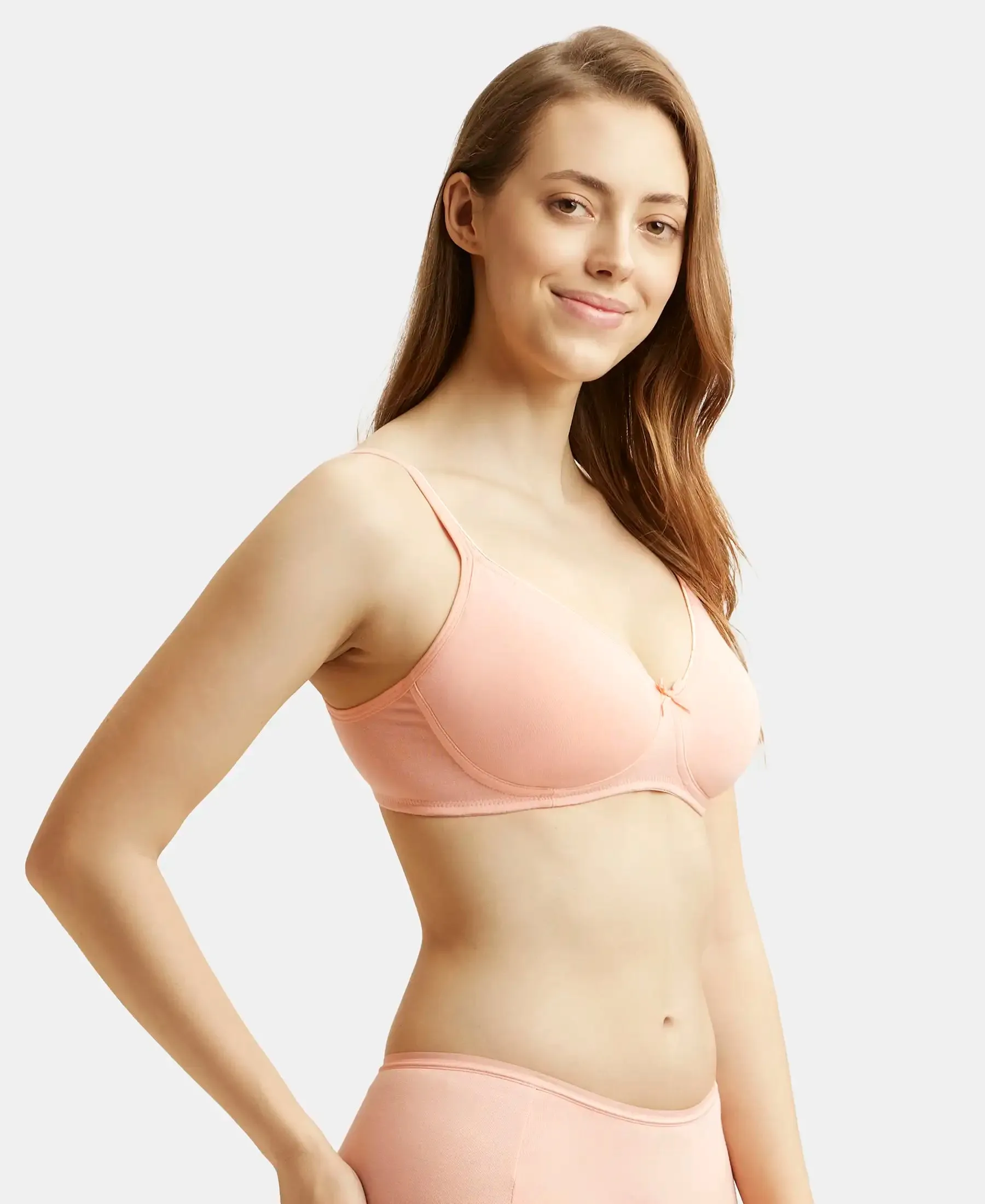 Wirefree Non Padded Super Combed Cotton Elastane Stretch Medium Coverage Everyday Bra with Concealed Shaper Panel - Candlelight Peach