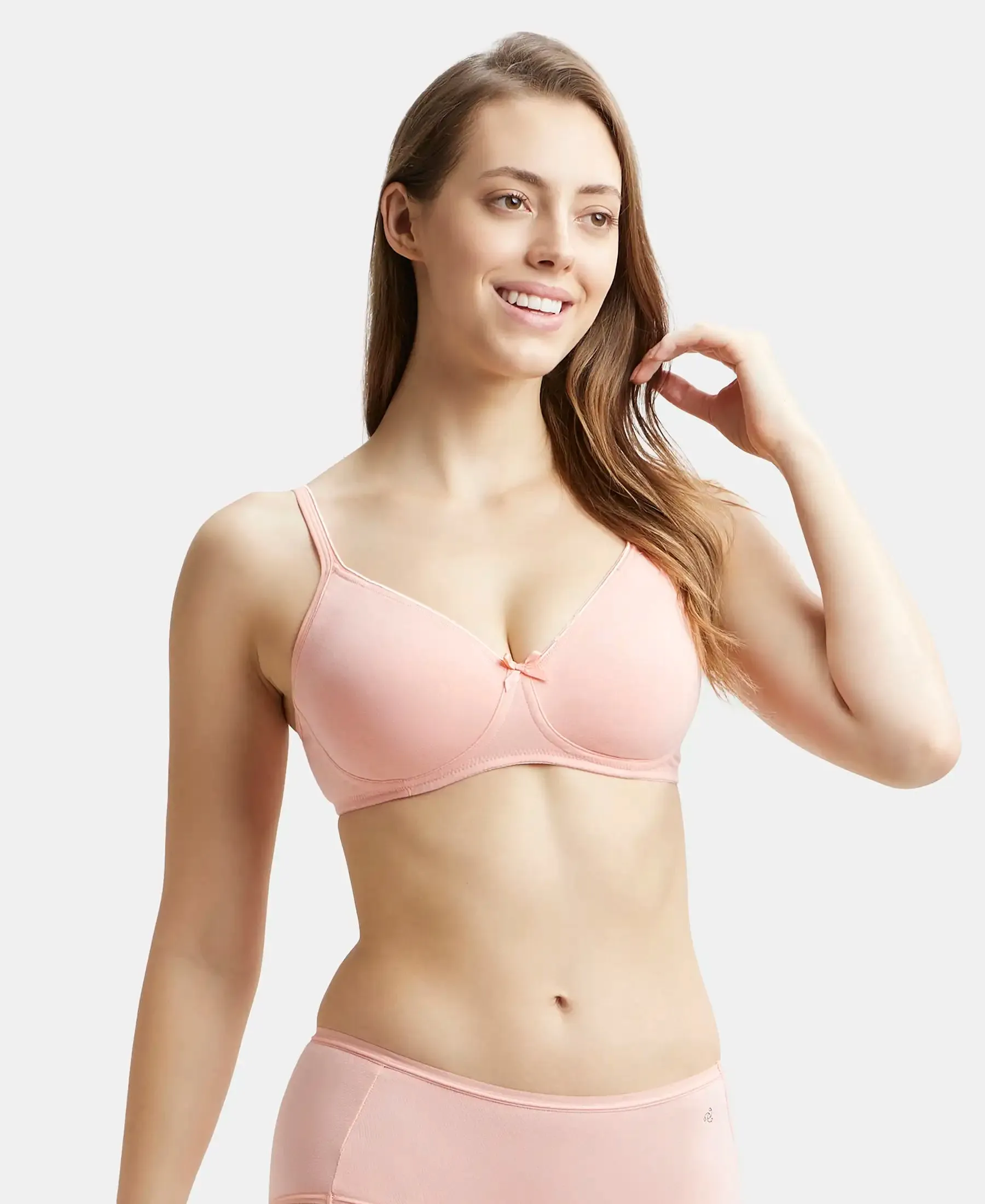 Wirefree Non Padded Super Combed Cotton Elastane Stretch Medium Coverage Everyday Bra with Concealed Shaper Panel - Candlelight Peach