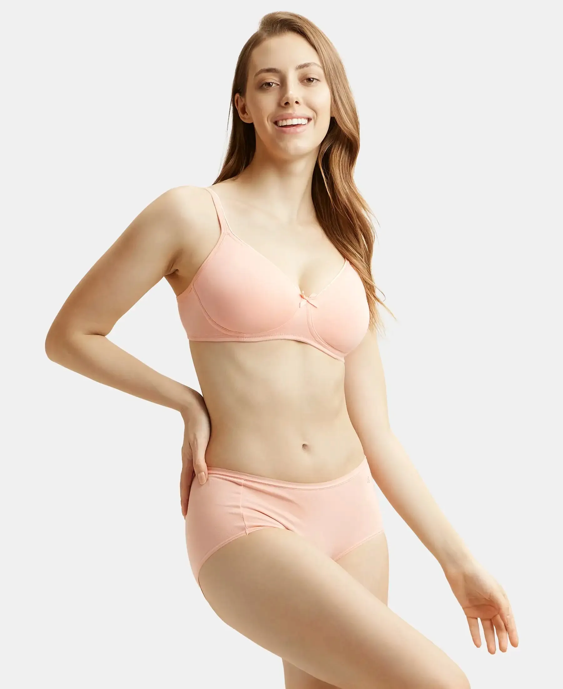Wirefree Non Padded Super Combed Cotton Elastane Stretch Medium Coverage Everyday Bra with Concealed Shaper Panel - Candlelight Peach