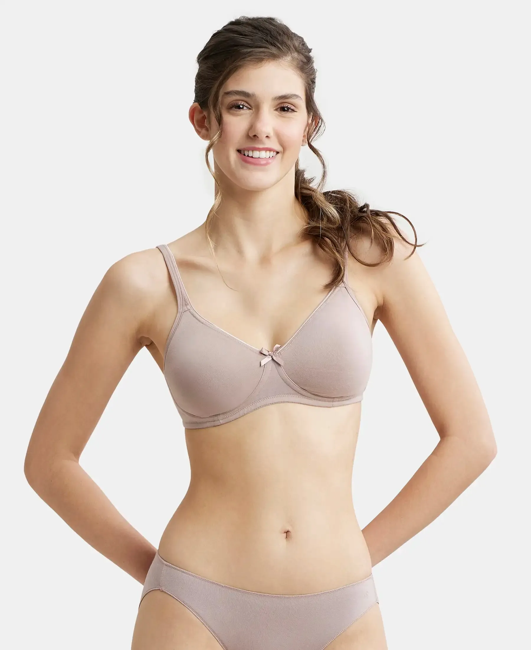 Wirefree Non Padded Super Combed Cotton Elastane Stretch Medium Coverage Everyday Bra with Concealed Shaper Panel - Mocha