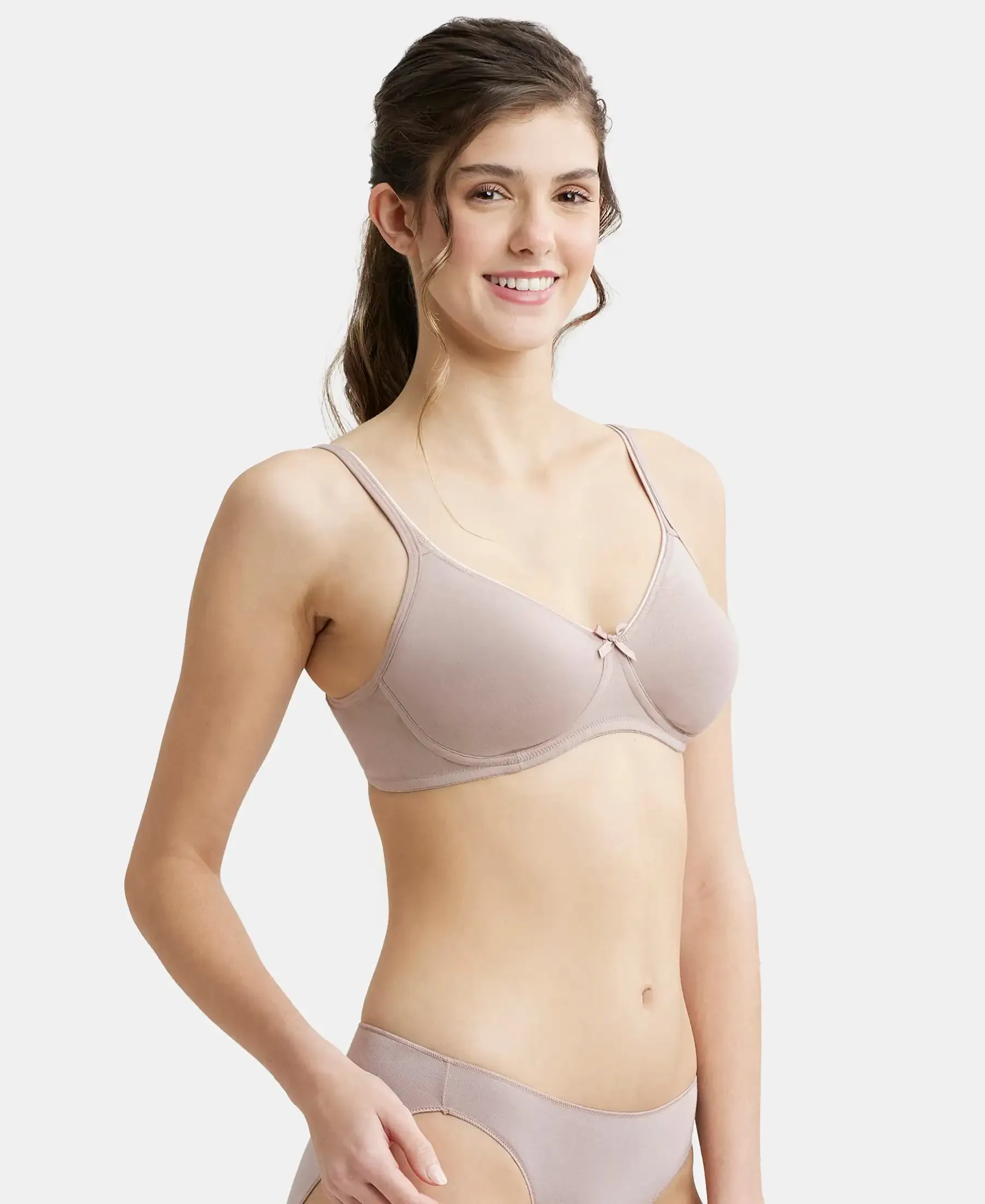 Wirefree Non Padded Super Combed Cotton Elastane Stretch Medium Coverage Everyday Bra with Concealed Shaper Panel - Mocha