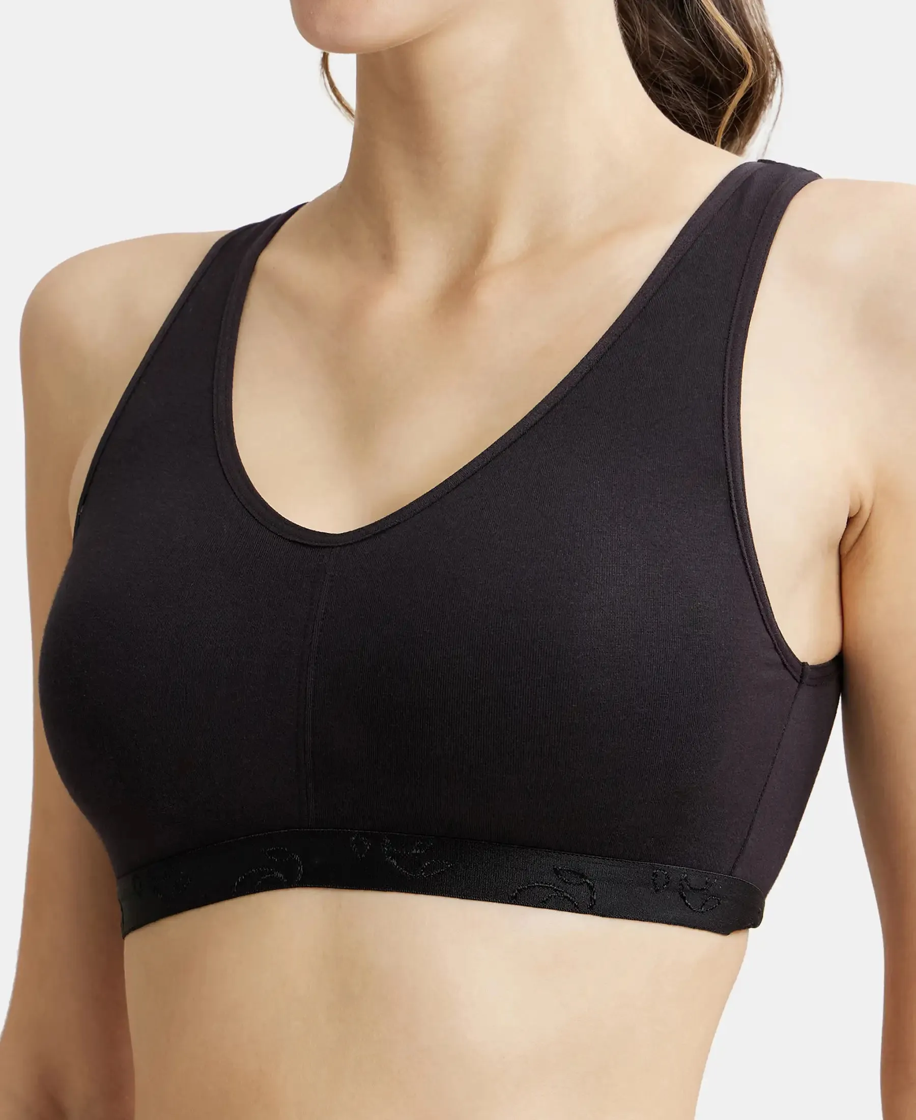 Wirefree Padded Super Combed Cotton Elastane Stretch Full Coverage Lounge and Sleep Bra with Removable Pads - Black