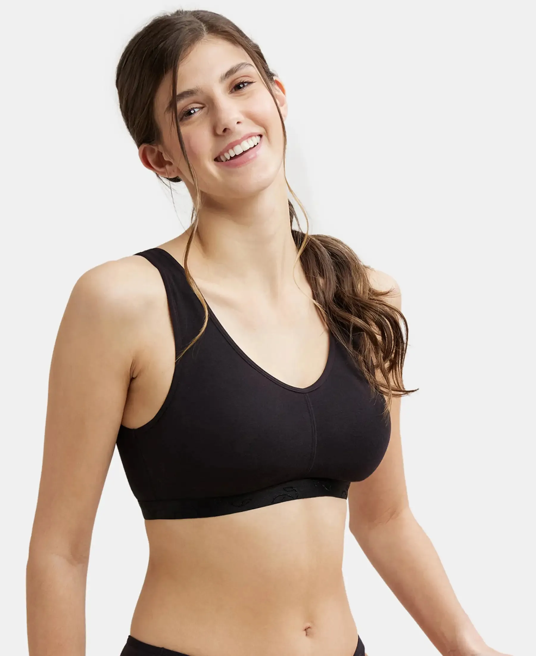 Wirefree Padded Super Combed Cotton Elastane Stretch Full Coverage Lounge and Sleep Bra with Removable Pads - Black