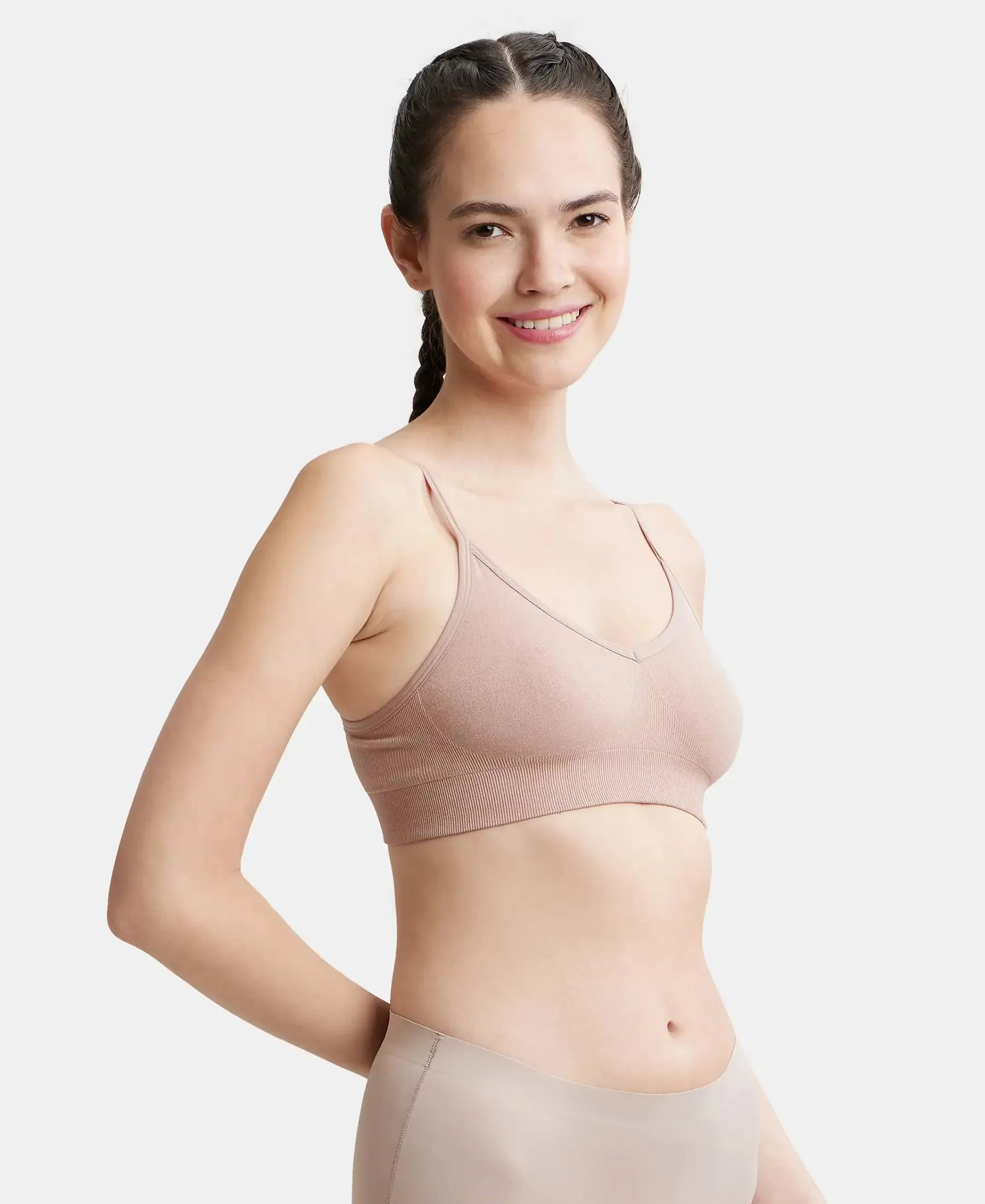 Wirefree Seamfree Non Padded Micro Touch Nylon Elastane Stretch Full Coverage Bra with Optional Cross Back Styling - Mocha