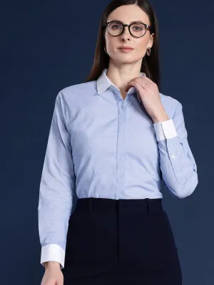 Women Blue Solid Chambray Pure Cotton Formal Shirt