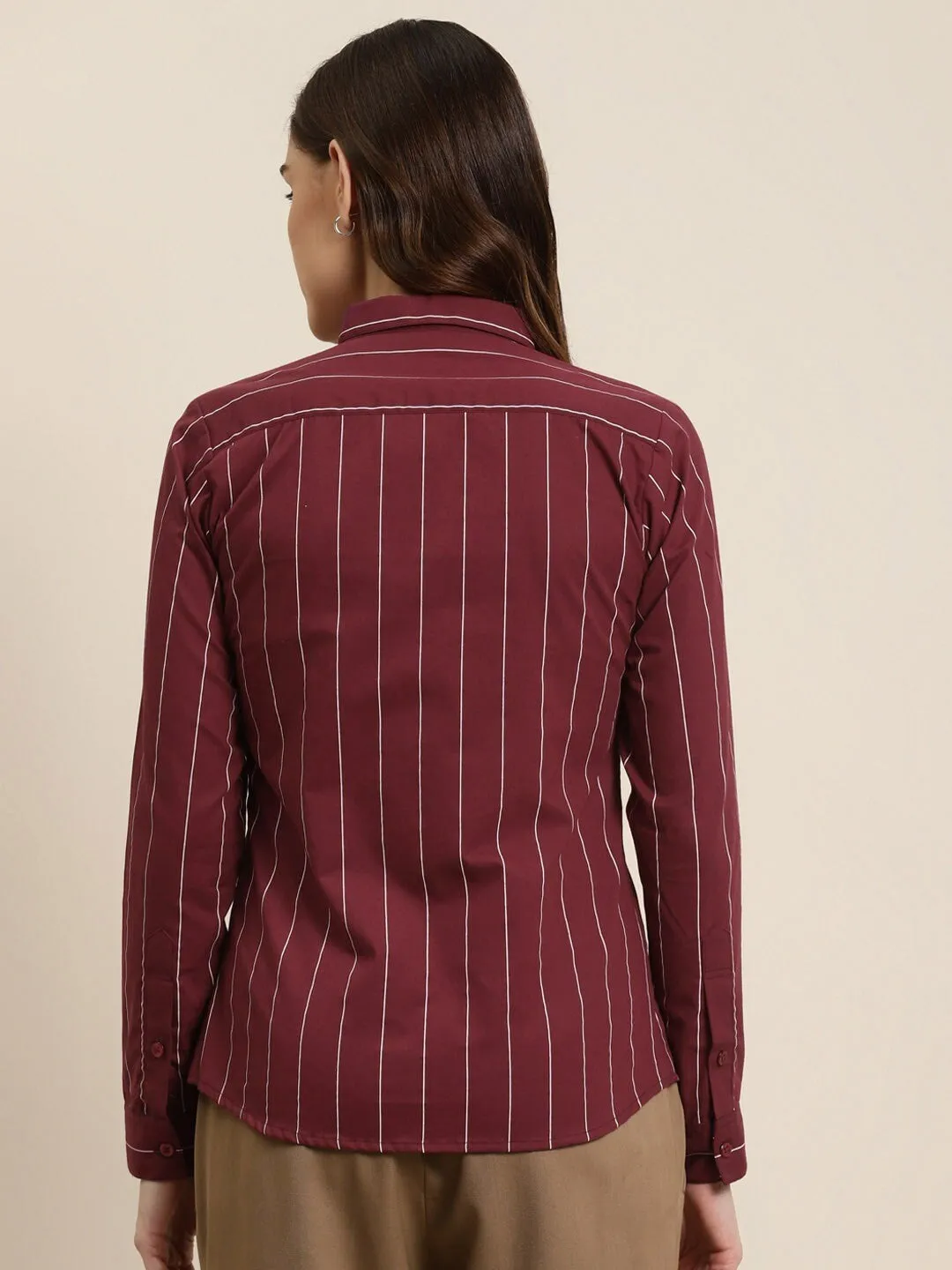 Women Maroon Stripes Pure Cotton Plus Size Formal Shirt
