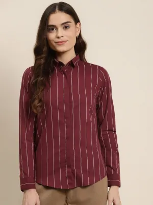 Women Maroon Stripes Pure Cotton Plus Size Formal Shirt
