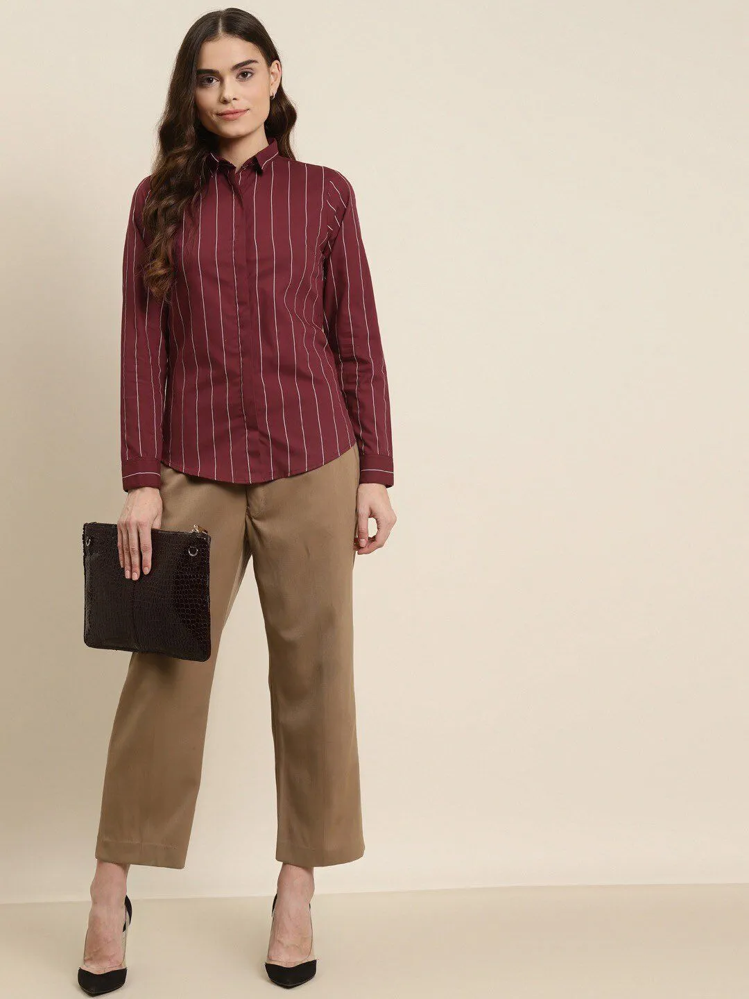 Women Maroon Stripes Pure Cotton Plus Size Formal Shirt