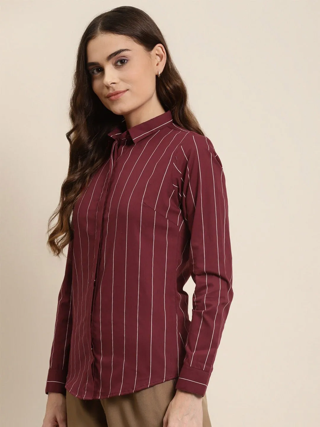 Women Maroon Stripes Pure Cotton Plus Size Formal Shirt