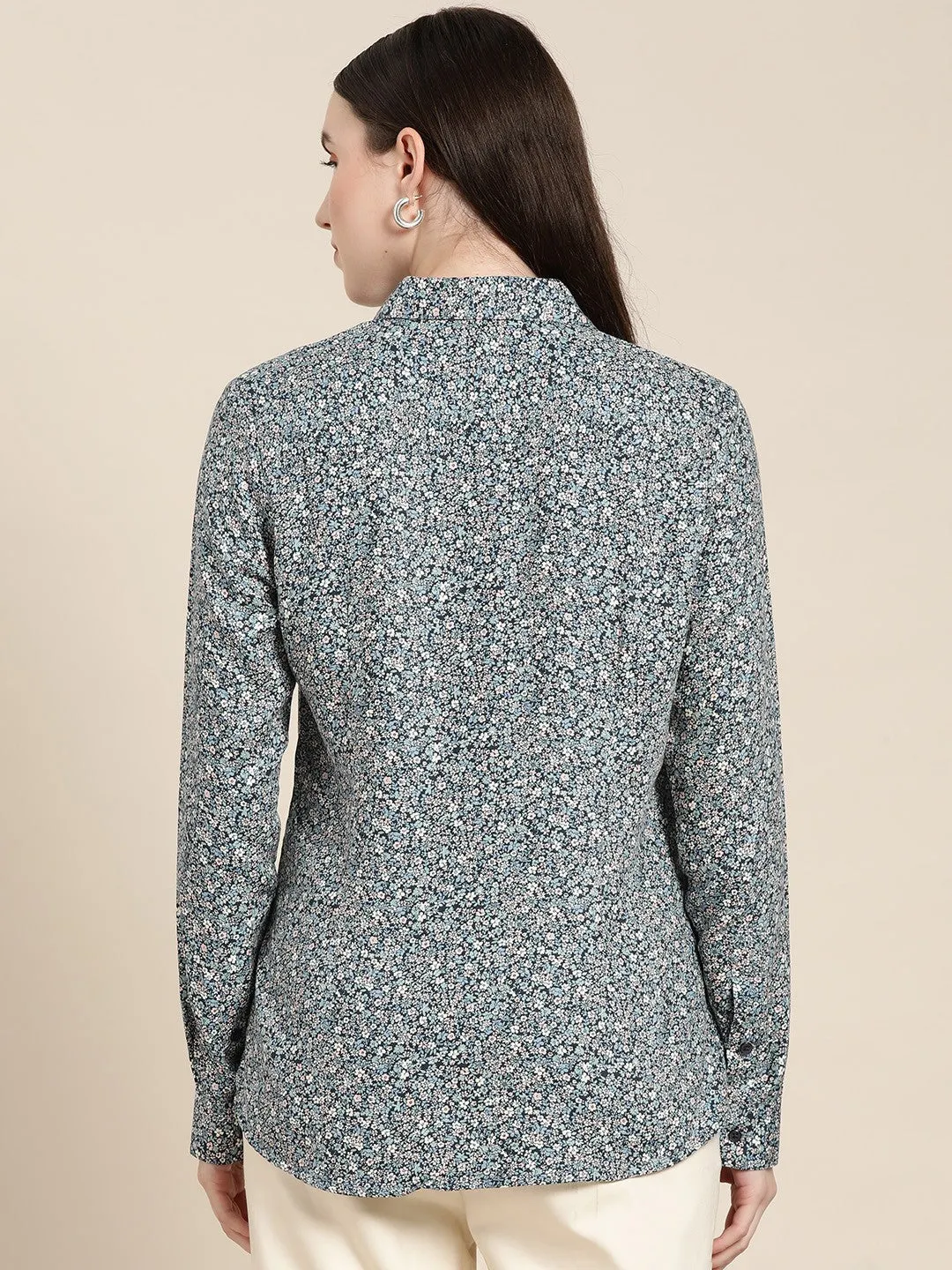 Women Navy Blue Floral Print Viscose Rayon Rayon Formal Shirt