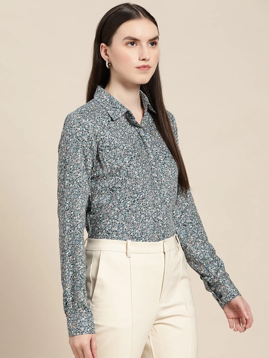 Women Navy Blue Floral Print Viscose Rayon Rayon Formal Shirt
