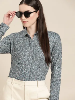 Women Navy Blue Floral Print Viscose Rayon Rayon Formal Shirt