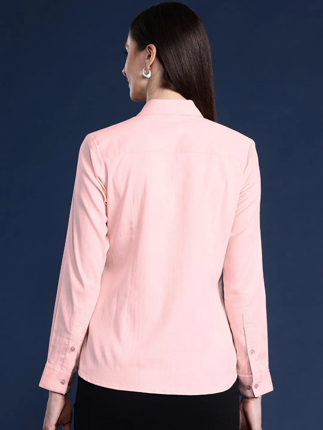 Women Peach Solid Self Design, Pure Cotton Stretchable Wrinkle Free Formal Shirt