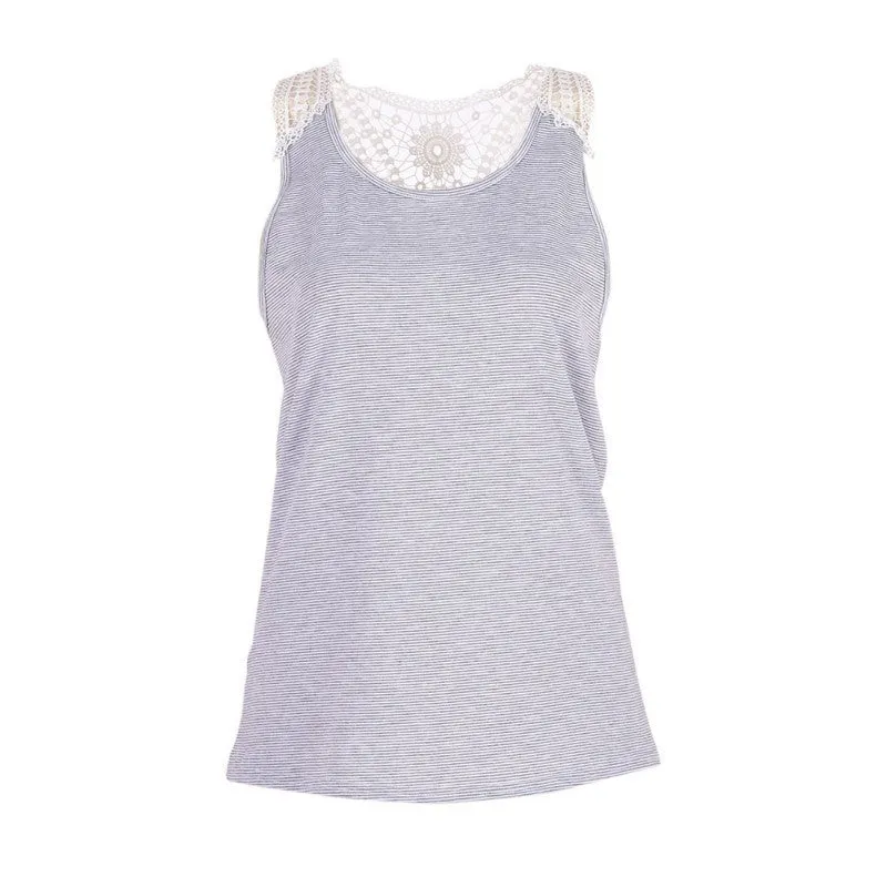 Women Striped Sleeveless Vest Tops Casual Back Lace Hollow Tank Tops NW