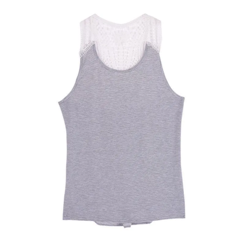 Women Striped Sleeveless Vest Tops Casual Back Lace Hollow Tank Tops NW