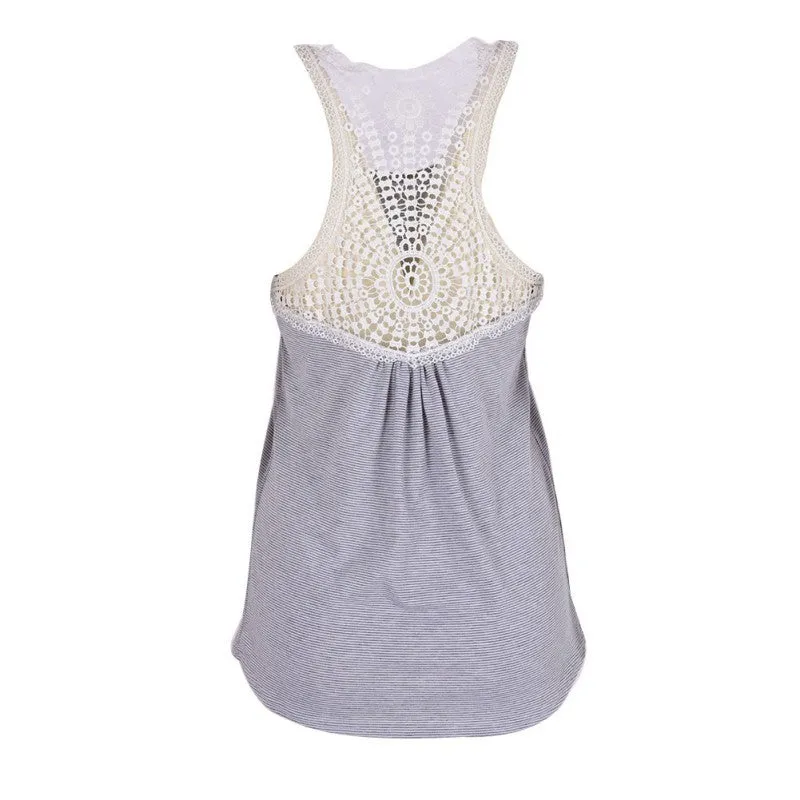Women Striped Sleeveless Vest Tops Casual Back Lace Hollow Tank Tops NW