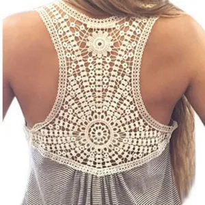 Women Striped Sleeveless Vest Tops Casual Back Lace Hollow Tank Tops NW