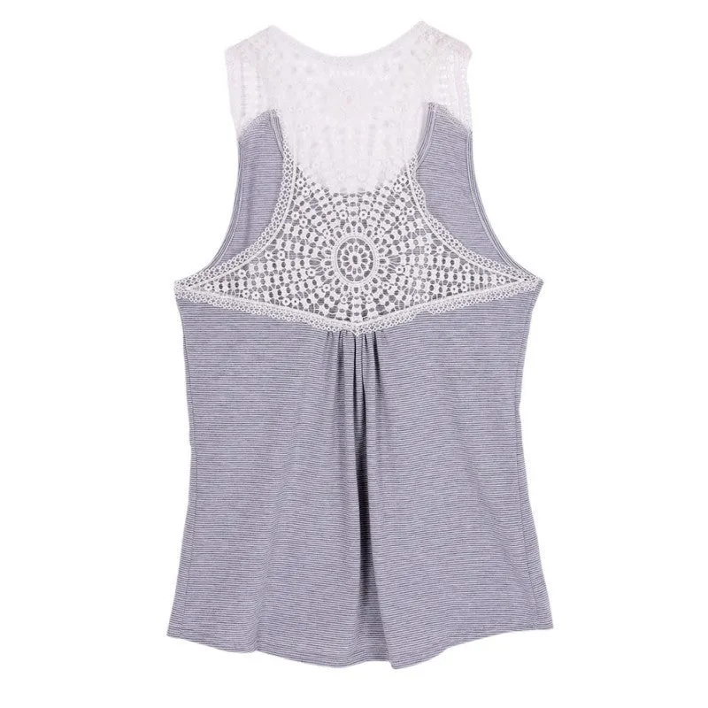 Women Striped Sleeveless Vest Tops Casual Back Lace Hollow Tank Tops NW