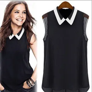 Women Summer Loose Casual Chiffon Sleeveless Vest Shirt Tops Blouse Black White