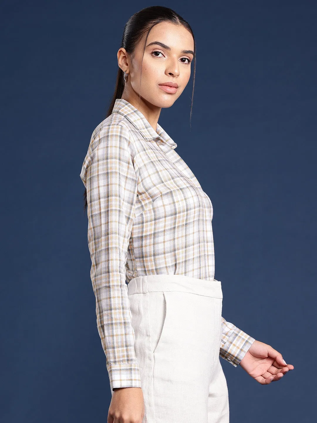 Women White Checks Linen Blend Formal Shirt