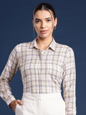 Women White Checks Linen Blend Formal Shirt